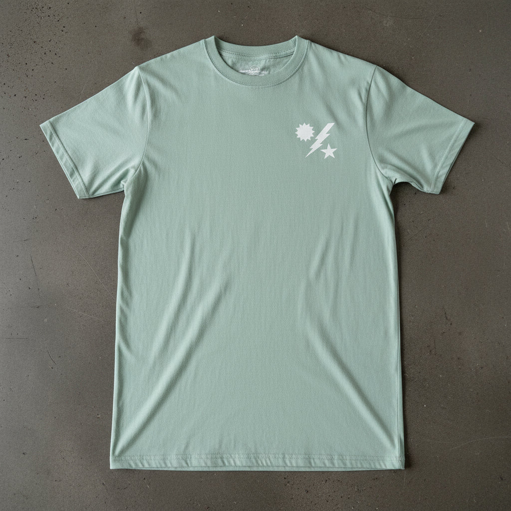 Light blue t-shirt with army ranger insignia on the left chest