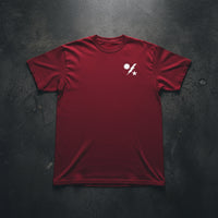 red t-shirt with army ranger insignia on the left chest