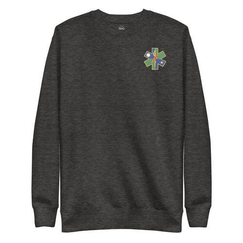 charcoal sweatshirt with ranger medic logo on the left chest