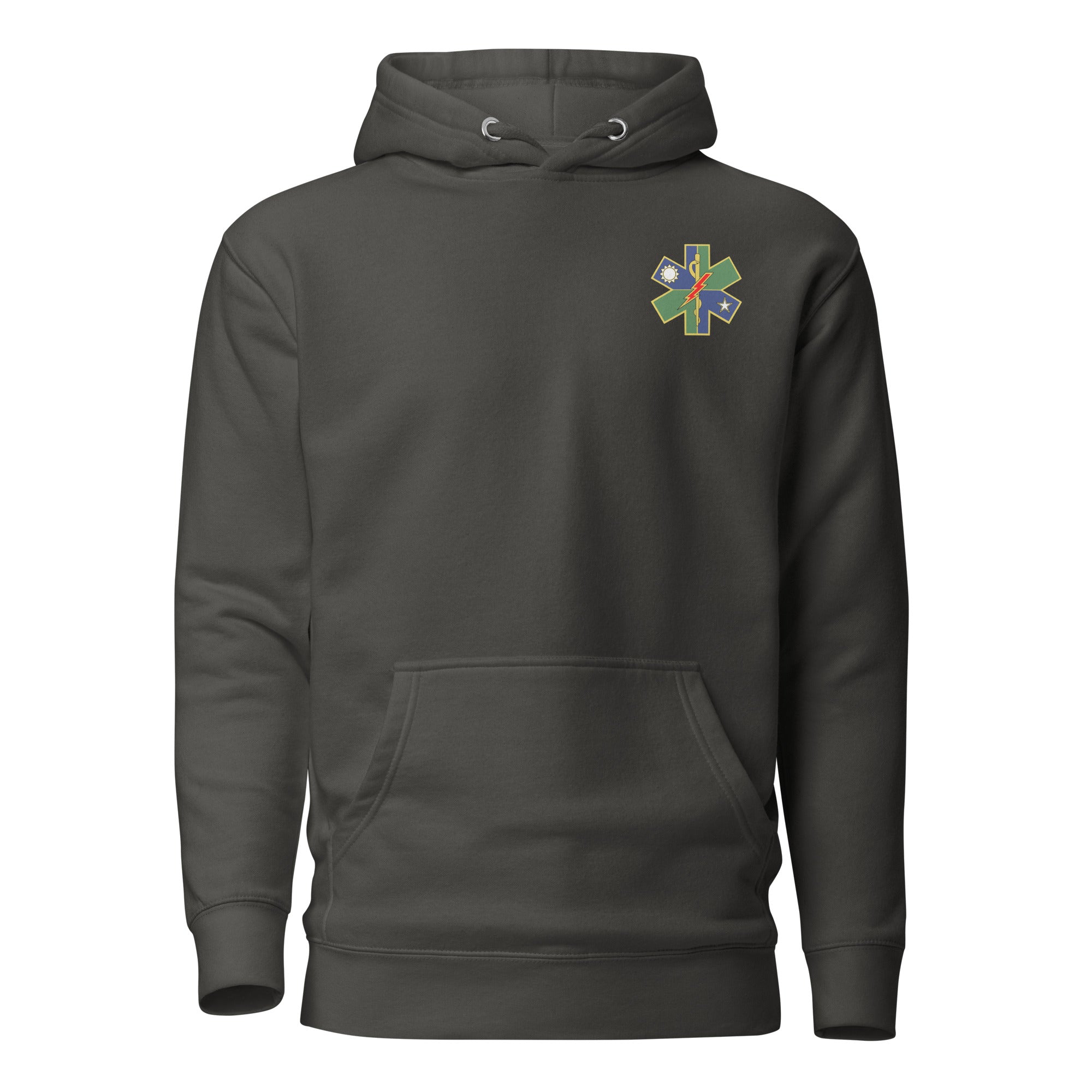 grey pullover hoodie with ranger medic logo