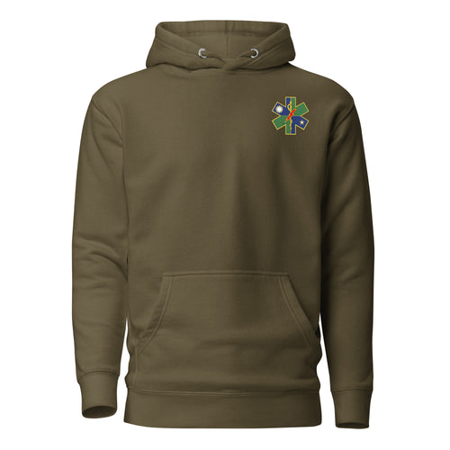 military green pullover hoodie with ranger medic logo