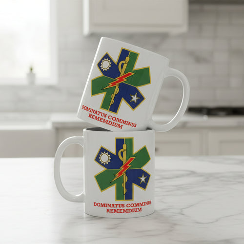 white coffee mug with ranger medic logo