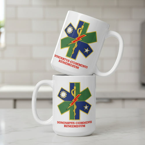 white coffee mug with ranger medic logo