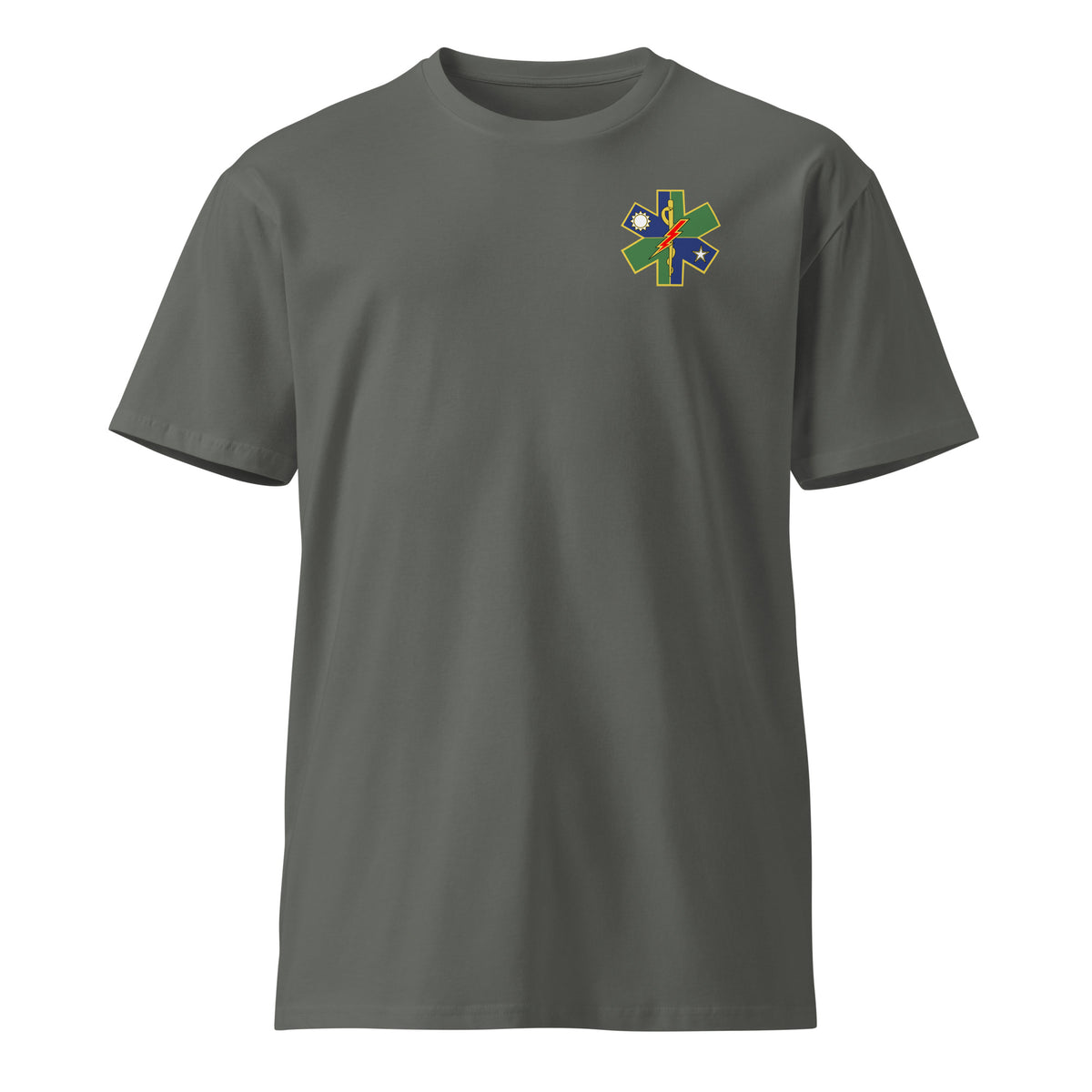 charcoal shirt with ranger medic insignia on the left chest