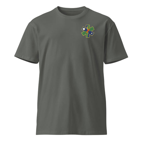 charcoal shirt with ranger medic insignia on the left chest