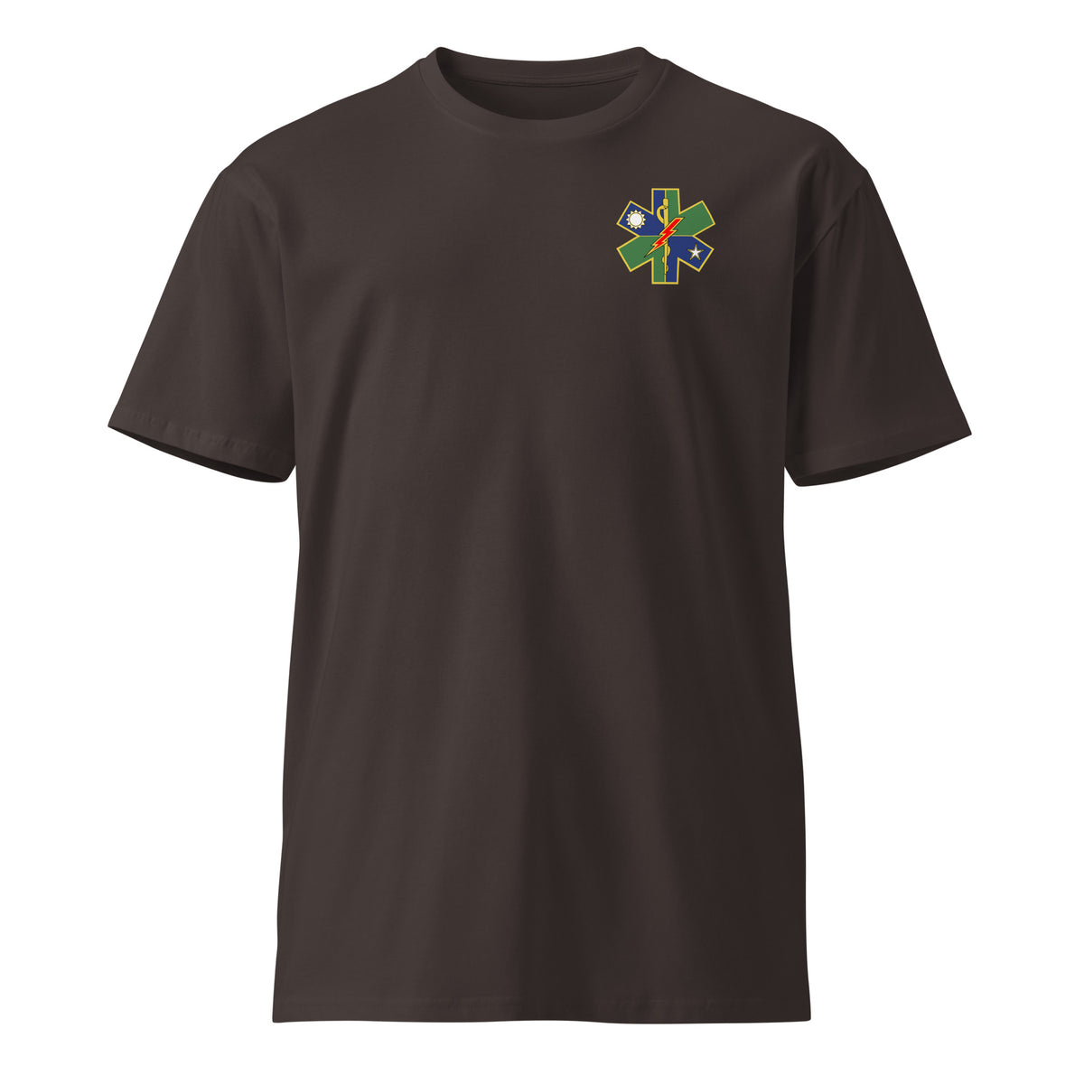 coal shirt with ranger medic insignia on the left chest
