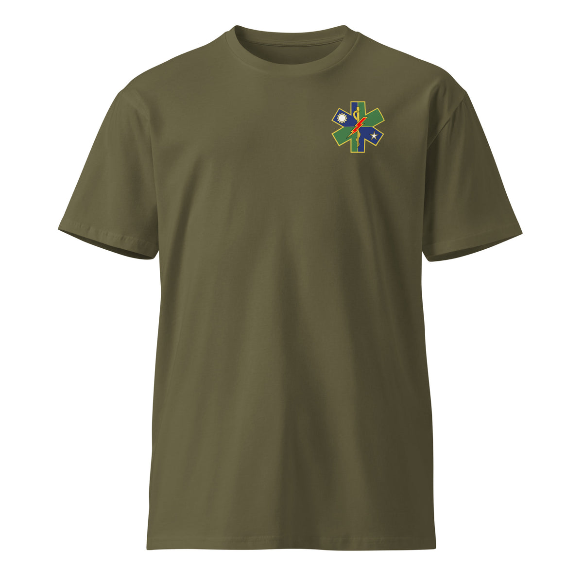 green shirt with ranger medic insignia on the left chest