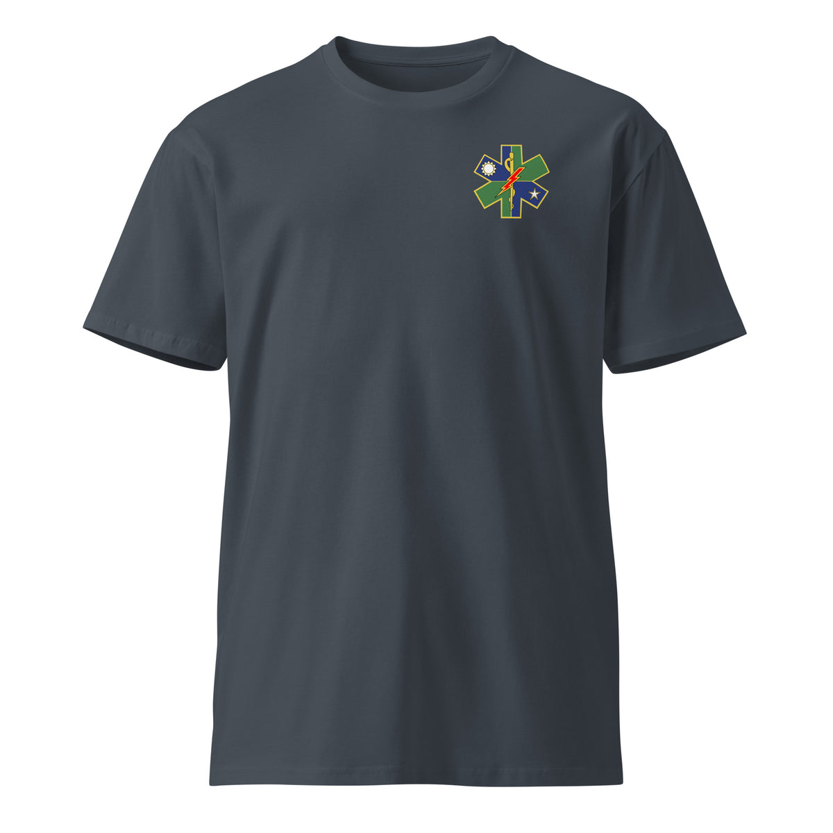 blue shirt with ranger medic insignia on the left chest