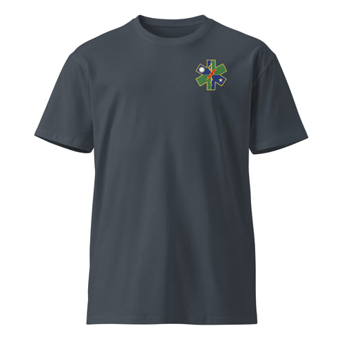 blue shirt with ranger medic insignia on the left chest