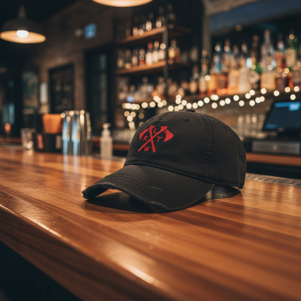 Distressed dad hat with army rangers RLTW and tomahawk design