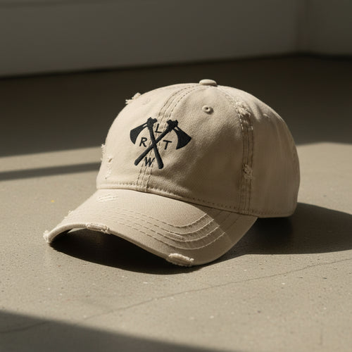 Distressed dad hat with army rangers RLTW and tomahawk design