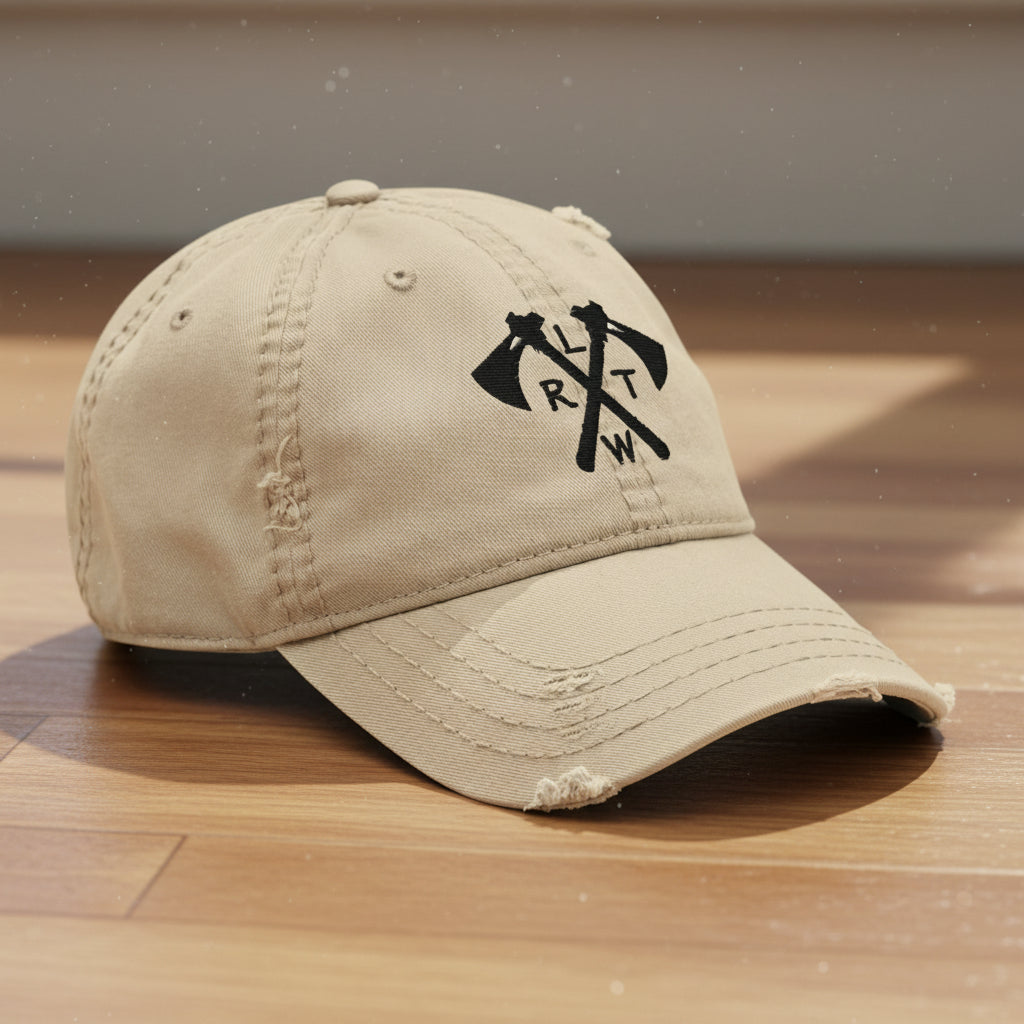 Distressed dad hat with army rangers RLTW and tomahawk design