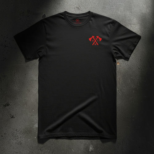 Black t-shirt with tomahawk design and the text RLTW