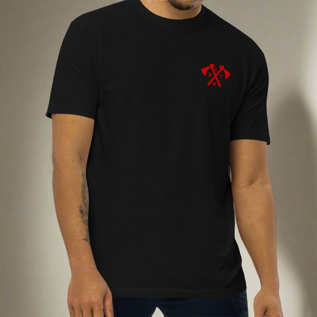 Man wearing a black t-shirt with tomahawk design and the text RLTW