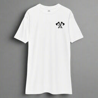 white t-shirt with tomahawk design and the text RLTW