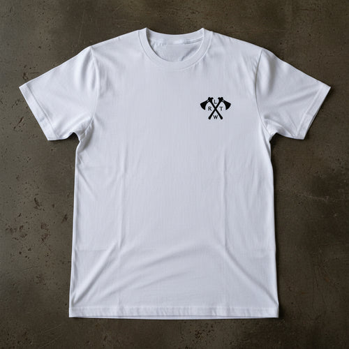 white t-shirt with tomahawk design and the text RLTW