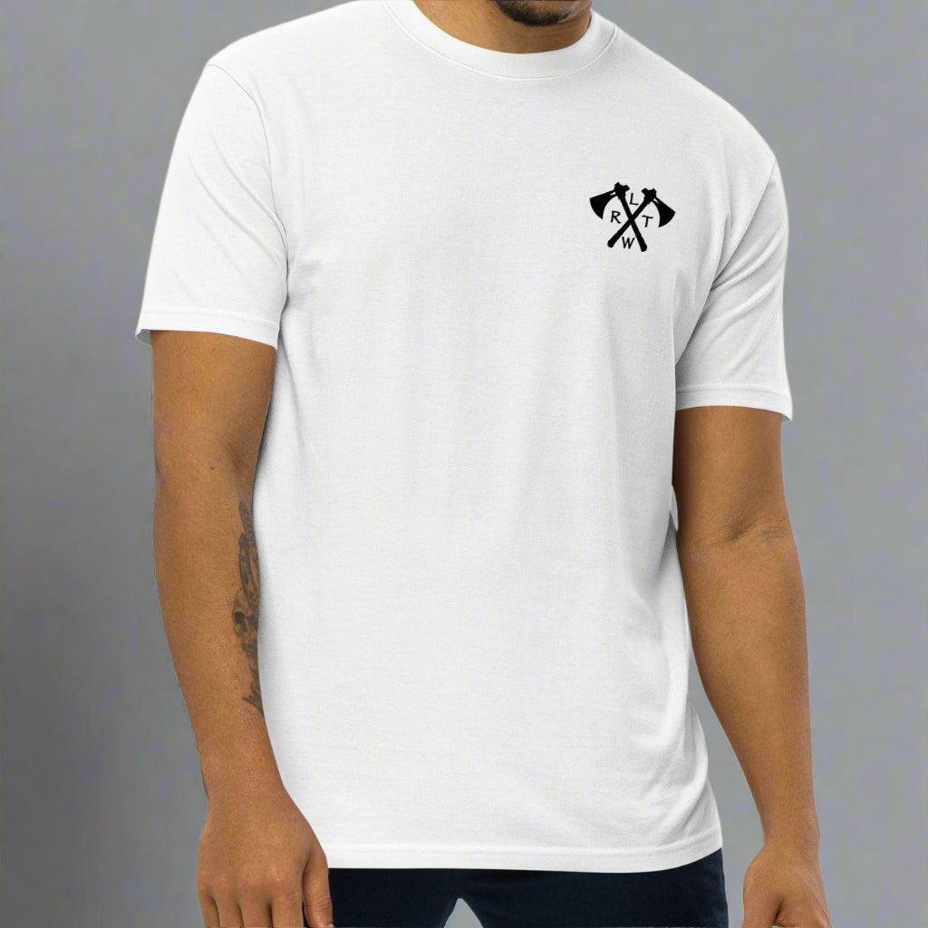 Man wearing a white t-shirt with tomahawk design and the text RLTW