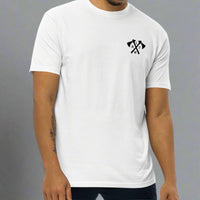 Man wearing a white t-shirt with tomahawk design and the text RLTW