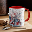 4th of july themed coffee mug with fireworks and the american flag.