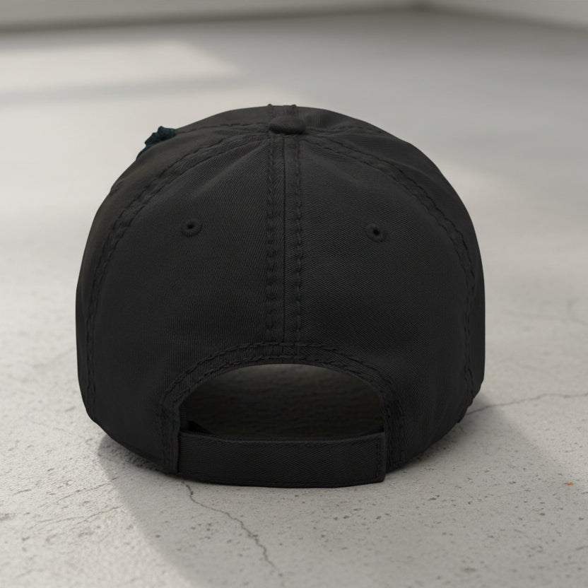 black distressed dad hat embroidered with the words regular dude