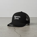 Black snapback cap with embroidered 'Regular Dude' text 
