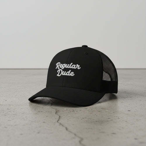 Black snapback cap with embroidered 'Regular Dude' text 
