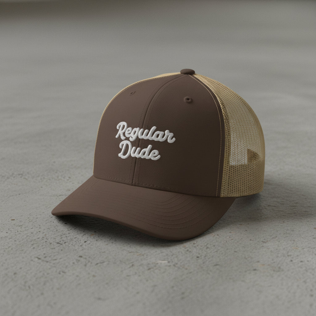 brown snapback cap with embroidered 'Regular Dude' text 