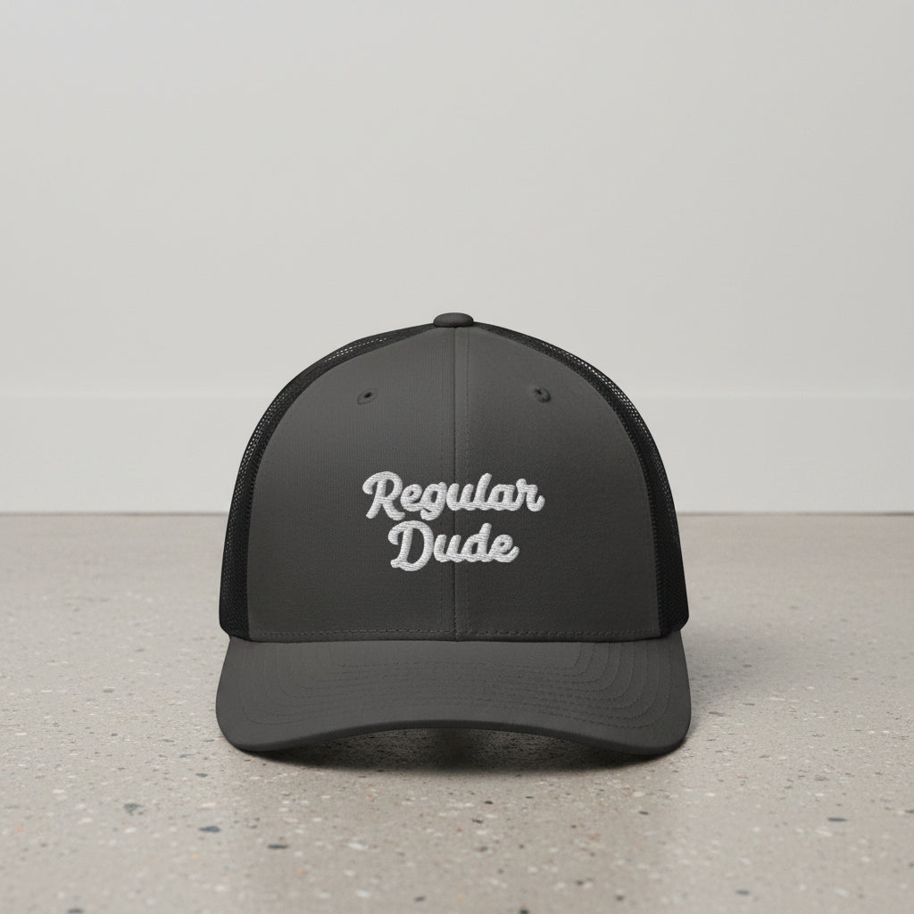 charcoal snapback cap with embroidered 'Regular Dude' text 