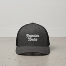 charcoal snapback cap with embroidered 'Regular Dude' text 