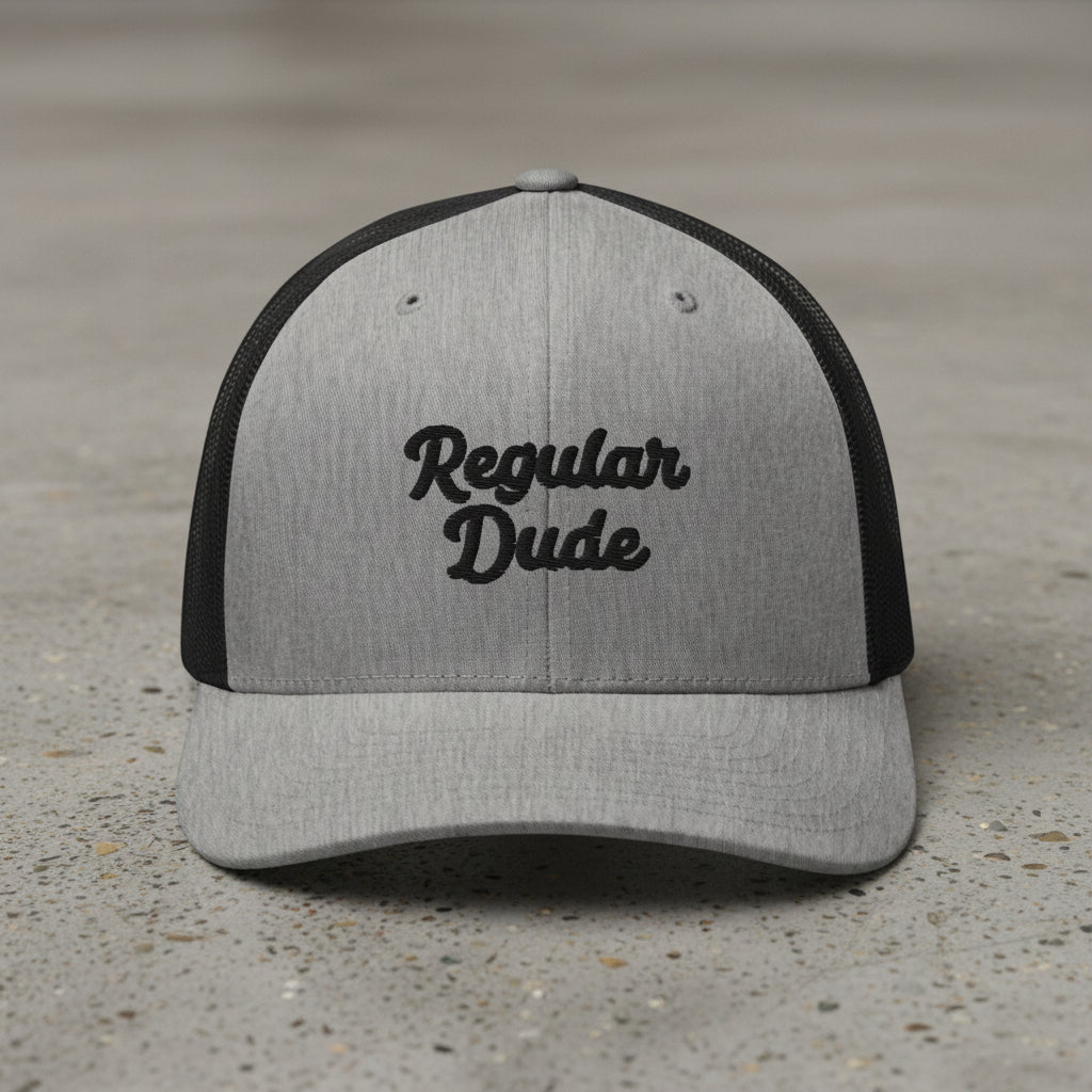 gray snapback cap with embroidered 'Regular Dude' text 