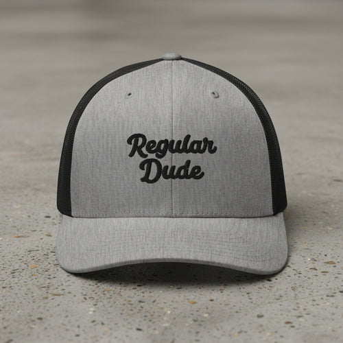 gray snapback cap with embroidered 'Regular Dude' text 