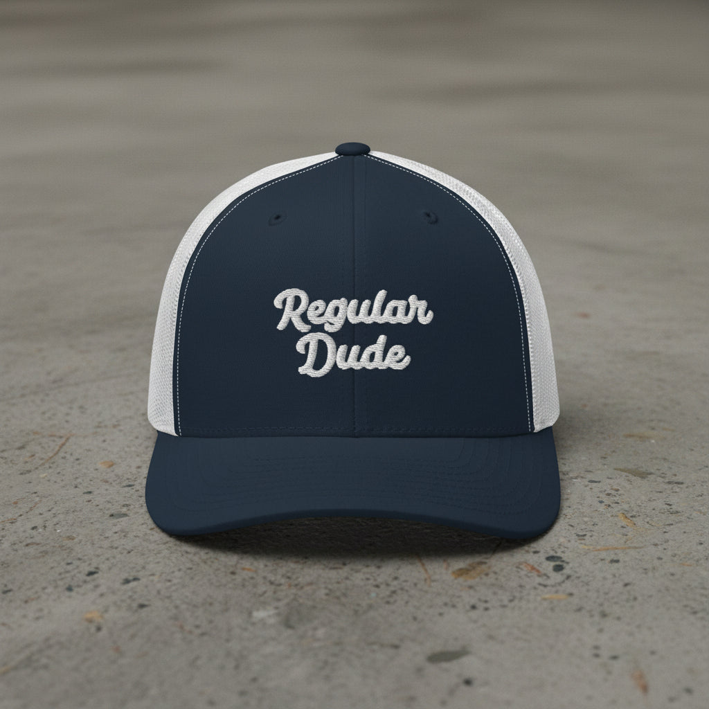 navy/white snapback cap with embroidered 'Regular Dude' text 