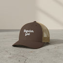 brown snapback cap with embroidered 'Regular Gal' text 