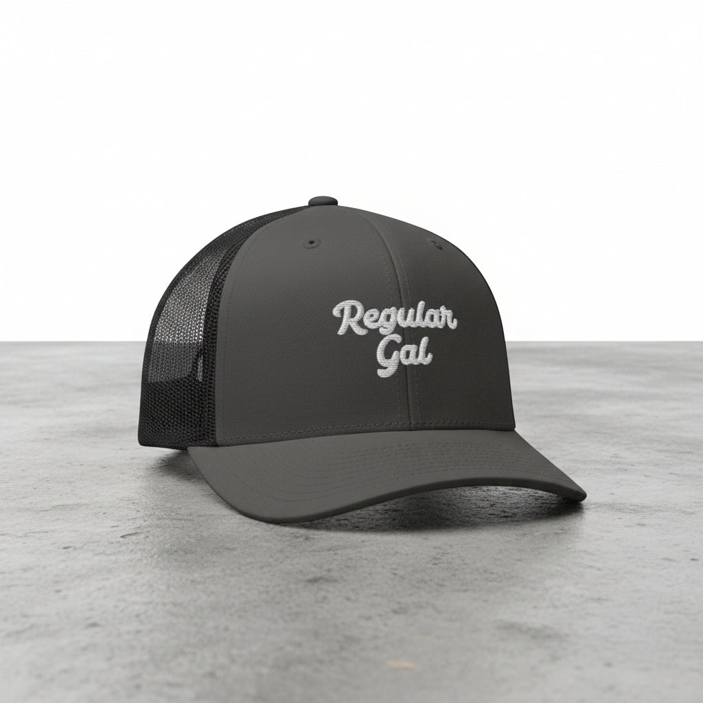 charcoal snapback cap with embroidered 'Regular Gal' text 