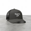 charcoal snapback cap with embroidered 'Regular Gal' text 