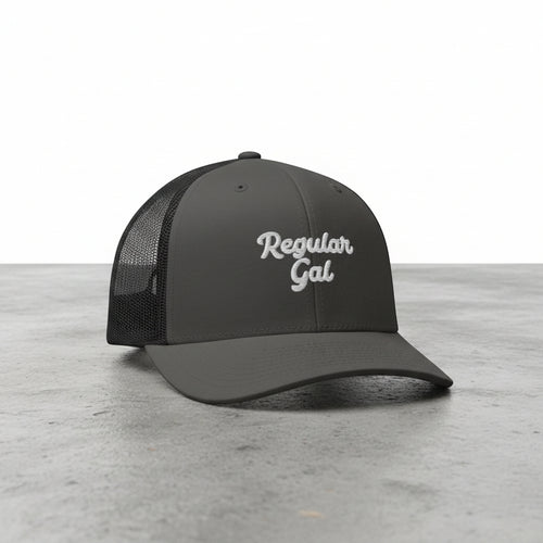 charcoal snapback cap with embroidered 'Regular Gal' text 