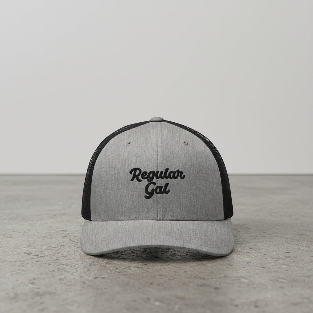 gray snapback cap with embroidered 'Regular Gal' text 