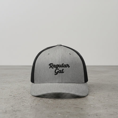gray snapback cap with embroidered 'Regular Gal' text 