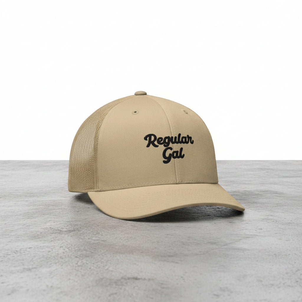 khaki snapback cap with embroidered 'Regular Gal' text 