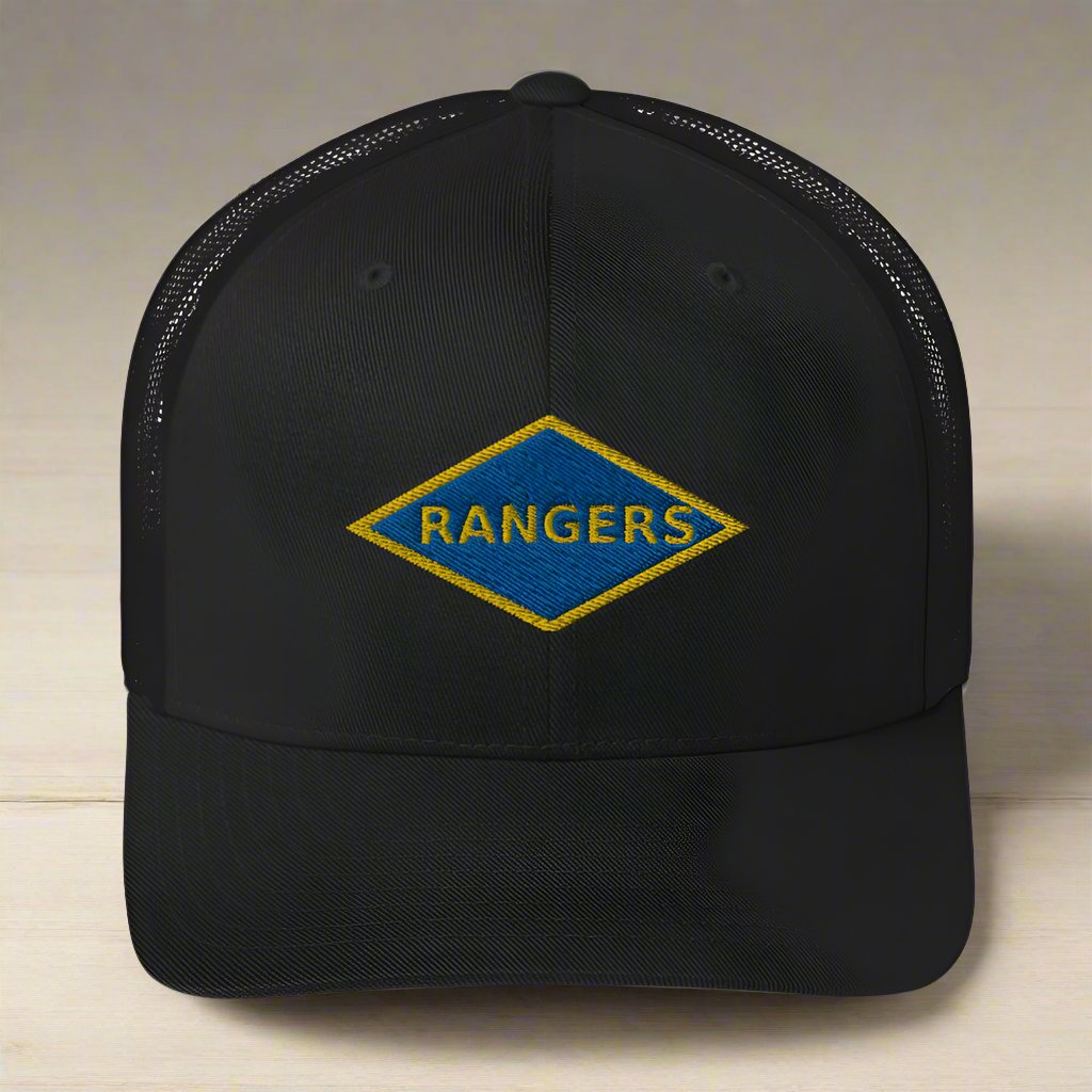 World War 2 blue ranger diamond embroidered on a snapback trucker hat.