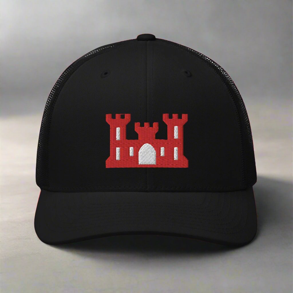 Army corps of engineers insignia on a snapback trucker hat.