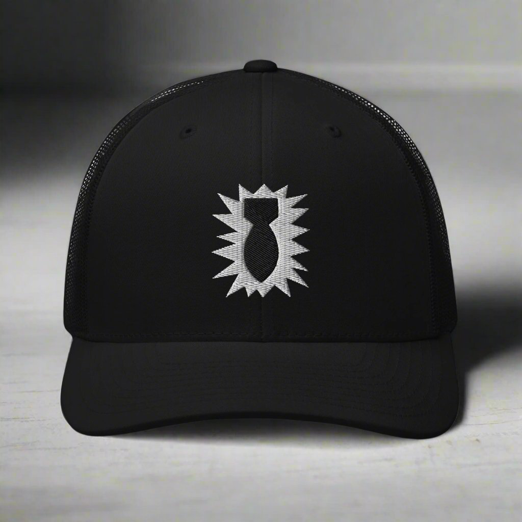 eod bomb insignia embroidered on a snapback trucker hat