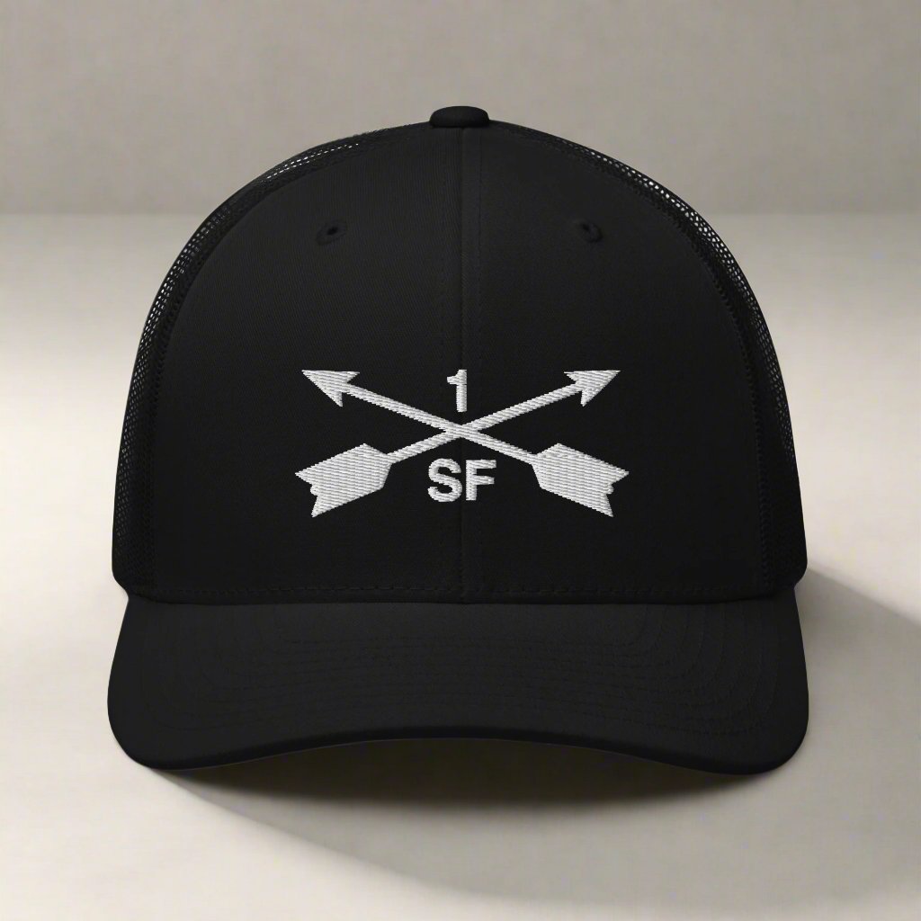 1st special forces group embroidered trucker hat with two crossed arrows and the 1 above and SF below.