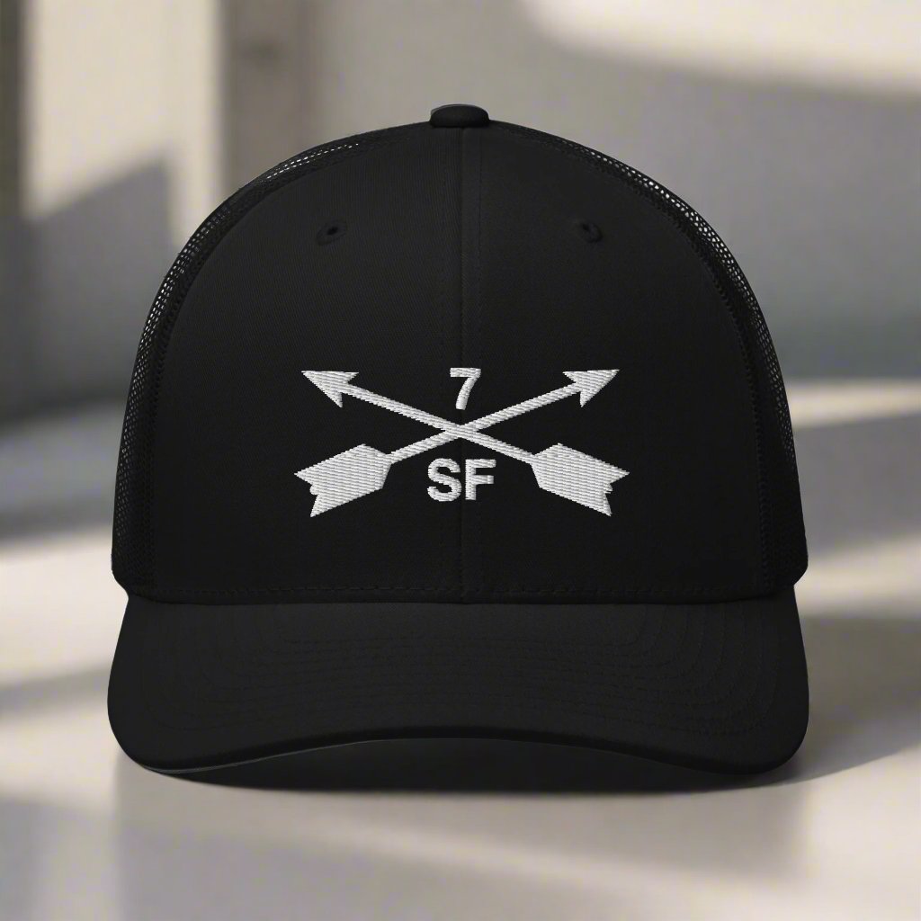 7th special forces group embroidered trucker hat. Embroidery design of two crossed arrows with a 7 above and SF below.