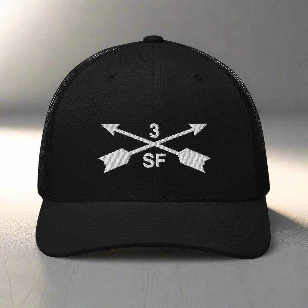 3rd special forces group embroidered trucker hat. Embroidery design of two crossed arrows with a 3 above and SF below.