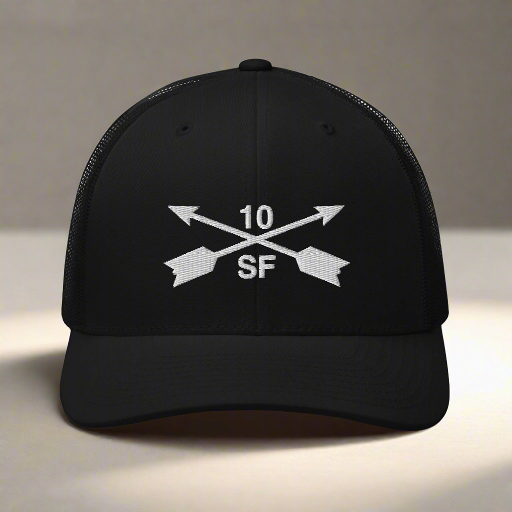 10th special forces group embroidered trucker hat. Embroidery design of two crossed arrows with a 10 above and SF below.