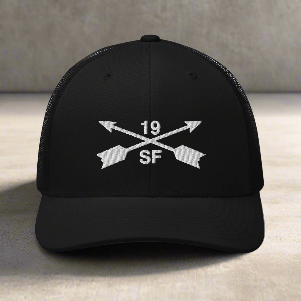 19th special forces group embroidered trucker hat. Embroidery design of two crossed arrows with a 19 above and SF below.