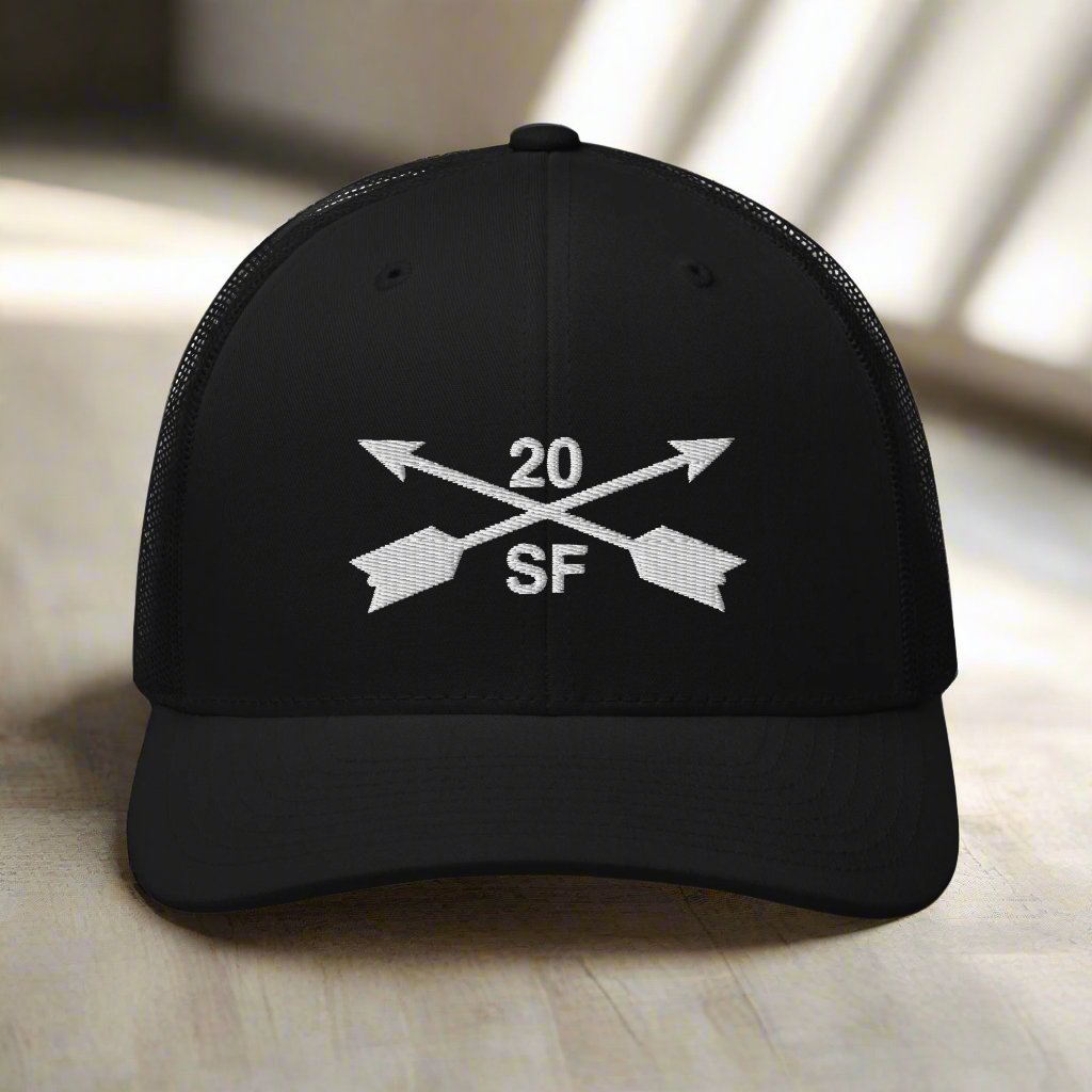 20th special forces group embroidered trucker hat. Embroidery design of two crossed arrows with a 20 above and SF below.