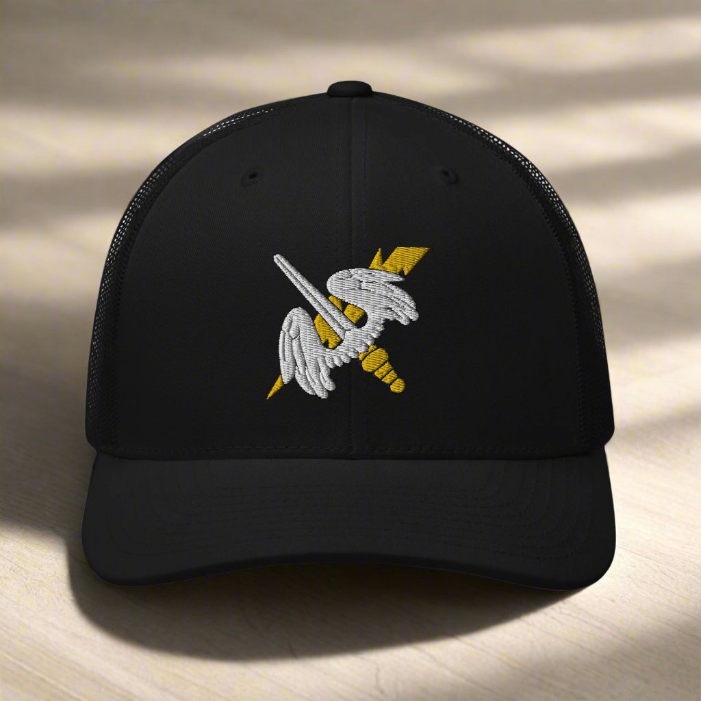 158th aviation regiment insignia on a snapback trucker hat.