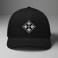 4th infantry division insignia embroidered on a snapback trucker hat